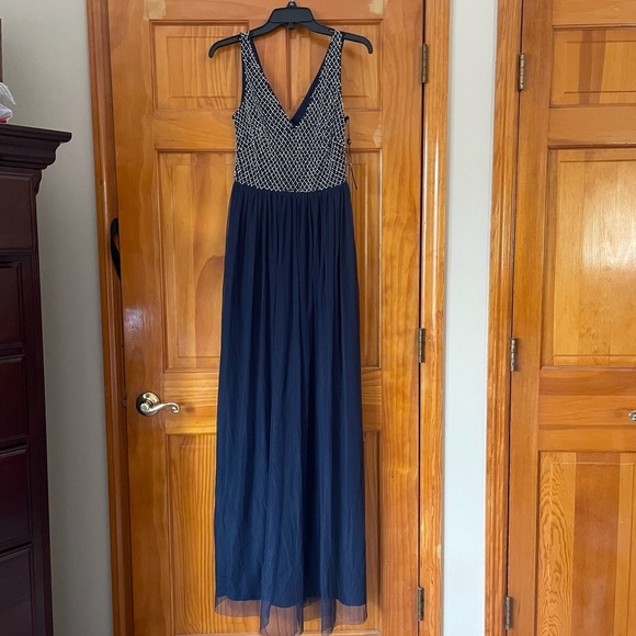 Adrianna Papell Anthropologie Bryce Navy Tulle Maxi Dress Gown Beaded Sz 0 NWT - Picture 5 of 16
